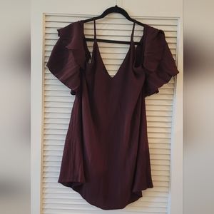 Audrey 3+1 - Maroon Cold-Shoulder Ruffle-Sleeve Mini Dress W Adjustable Straps